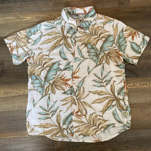 Margaritaville Shirt Extra Large White Brown Button Up Large Leaf Print Soft